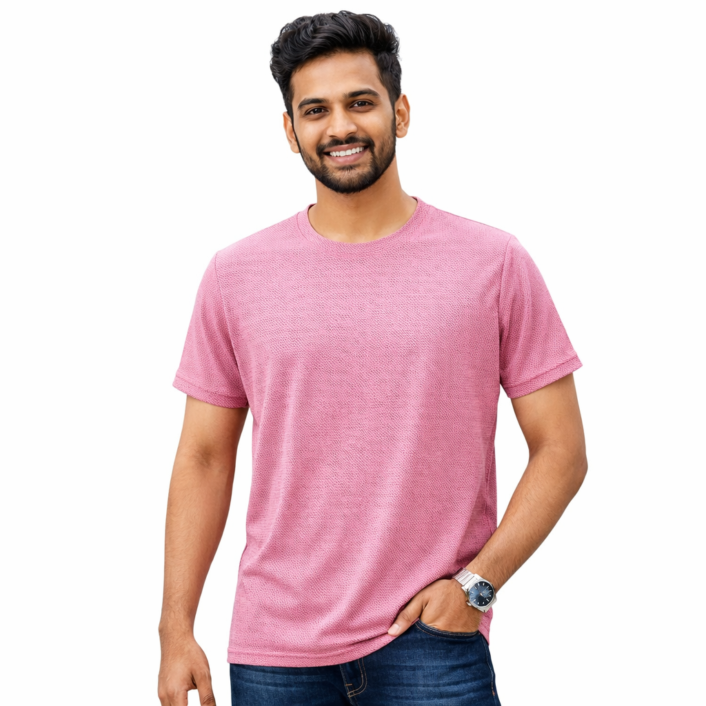 Men Funky Mosaic Solid Pink Round Neck Polyester Casual Tshirt