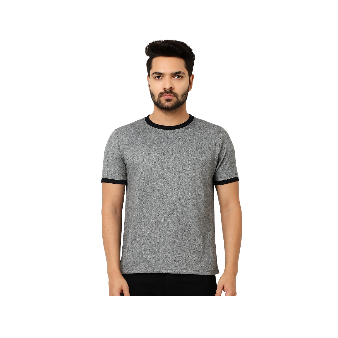 Men Solid Grey Round Neck Polyester Gym Tshirt